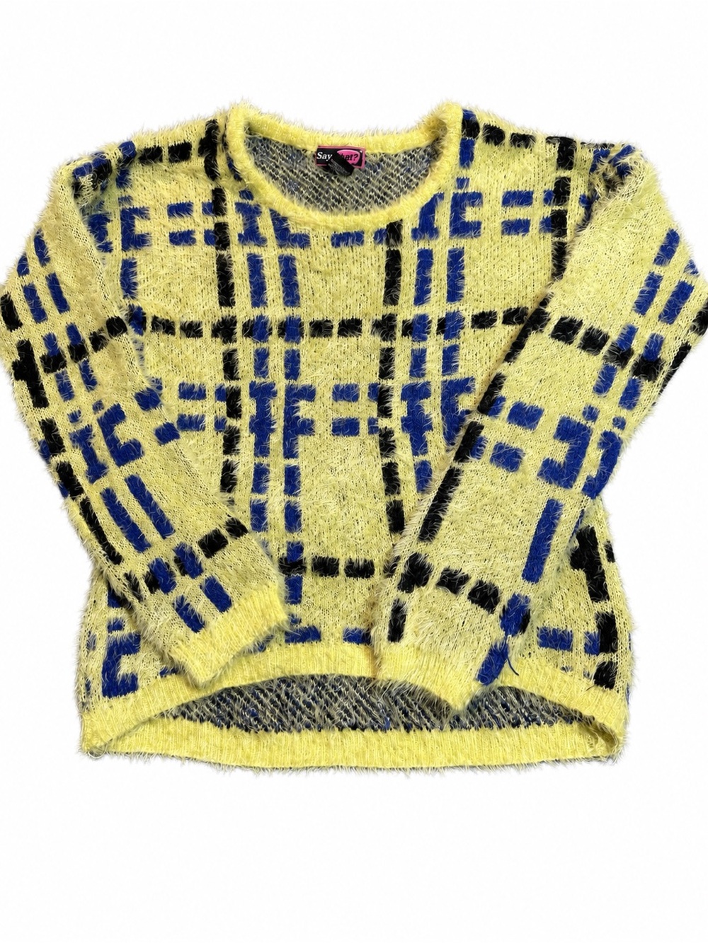 Vintage Y2K Say What Fuzzy Eyelash Plaid Sweater Yellow Blue Black M Medium cozy
